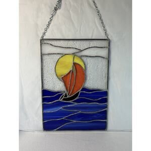 Vintage Stained Glass Sailboat Panel Handmade Adjustable Hanger 10x14